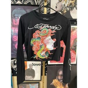 Ed Hardy Snake Girl Long Sleeve Deadstock NTW Baby Tee, Black, Medium